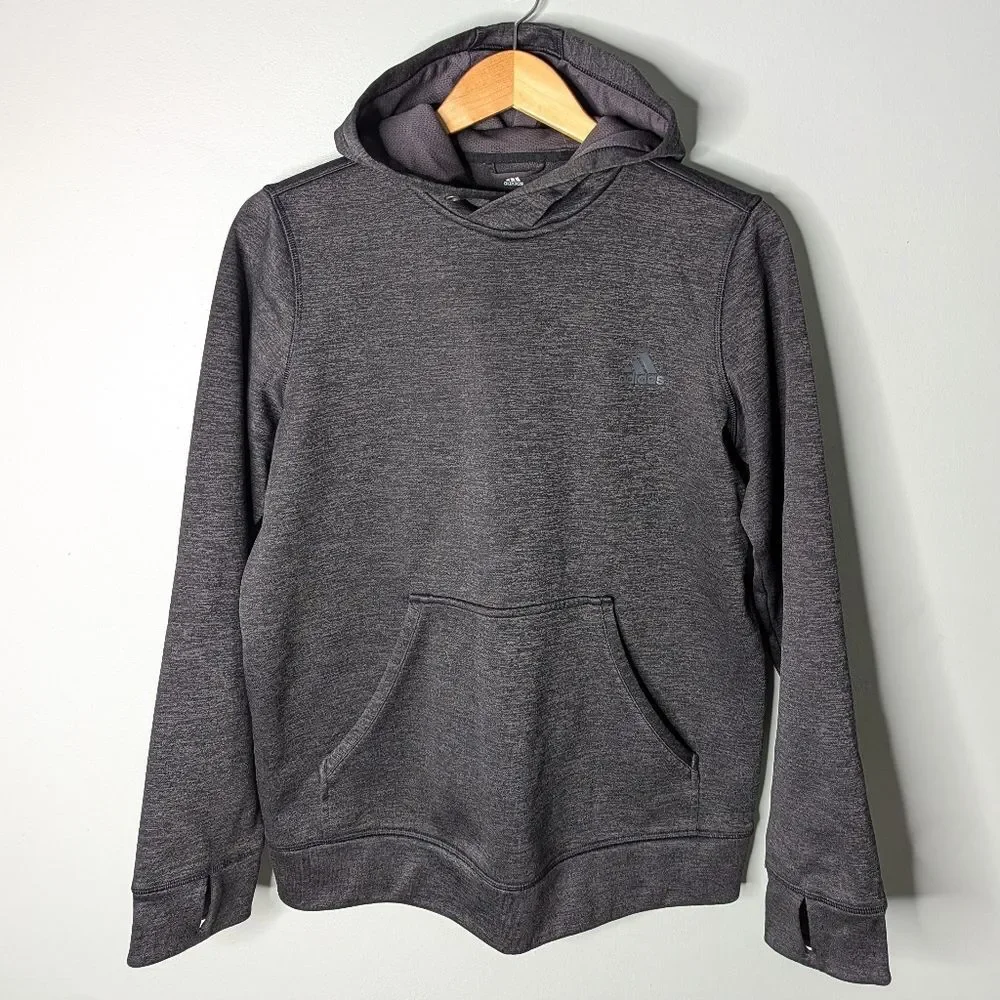 adidas Climawarm Black Grey Poly Blend Pullover Hoodie Thumb Holes Unisex M